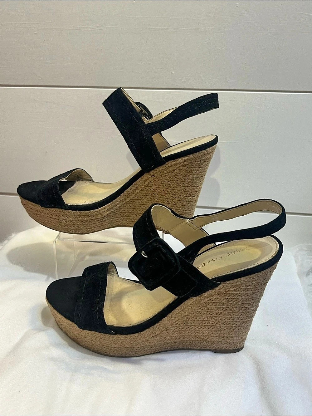 Marc Fisher Pasion Espadrille Wedge Sandal Black & woven Brown US 8M